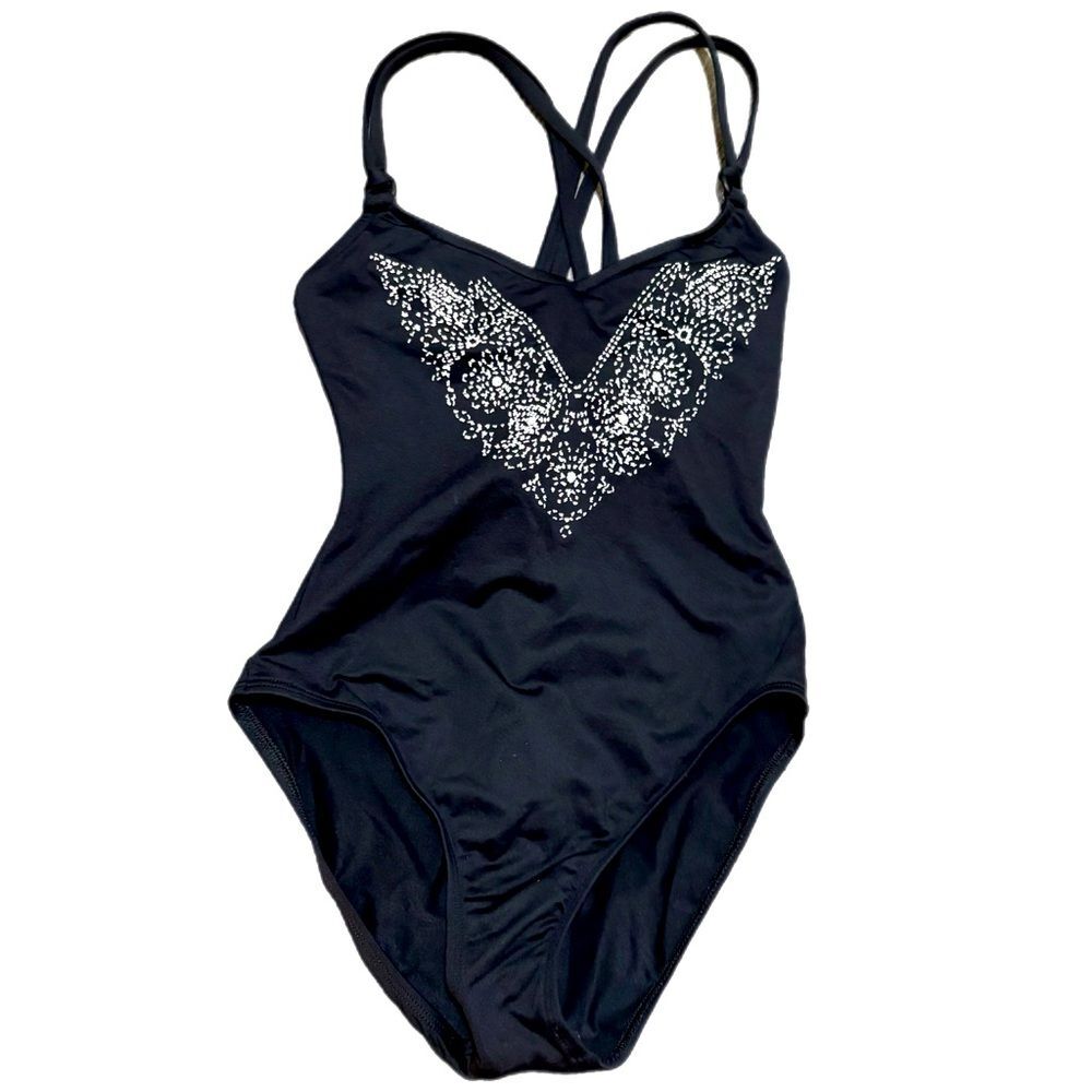 Gloria Vanderbilt Black One-Piece Swimsuit White Raised Butterfly Accent Strappy